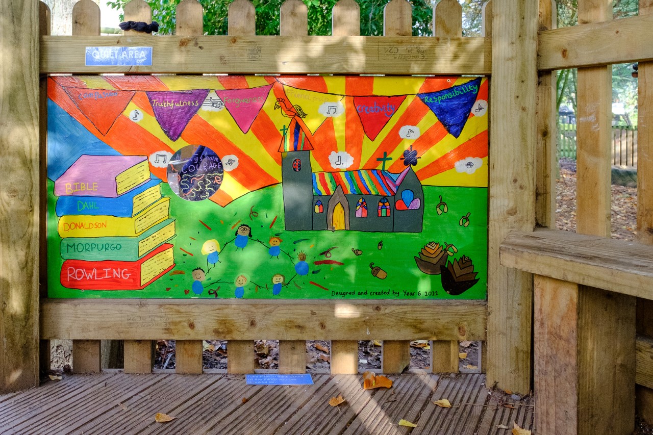 Picture of our school designed by pupils in our outdoor wellbeing area