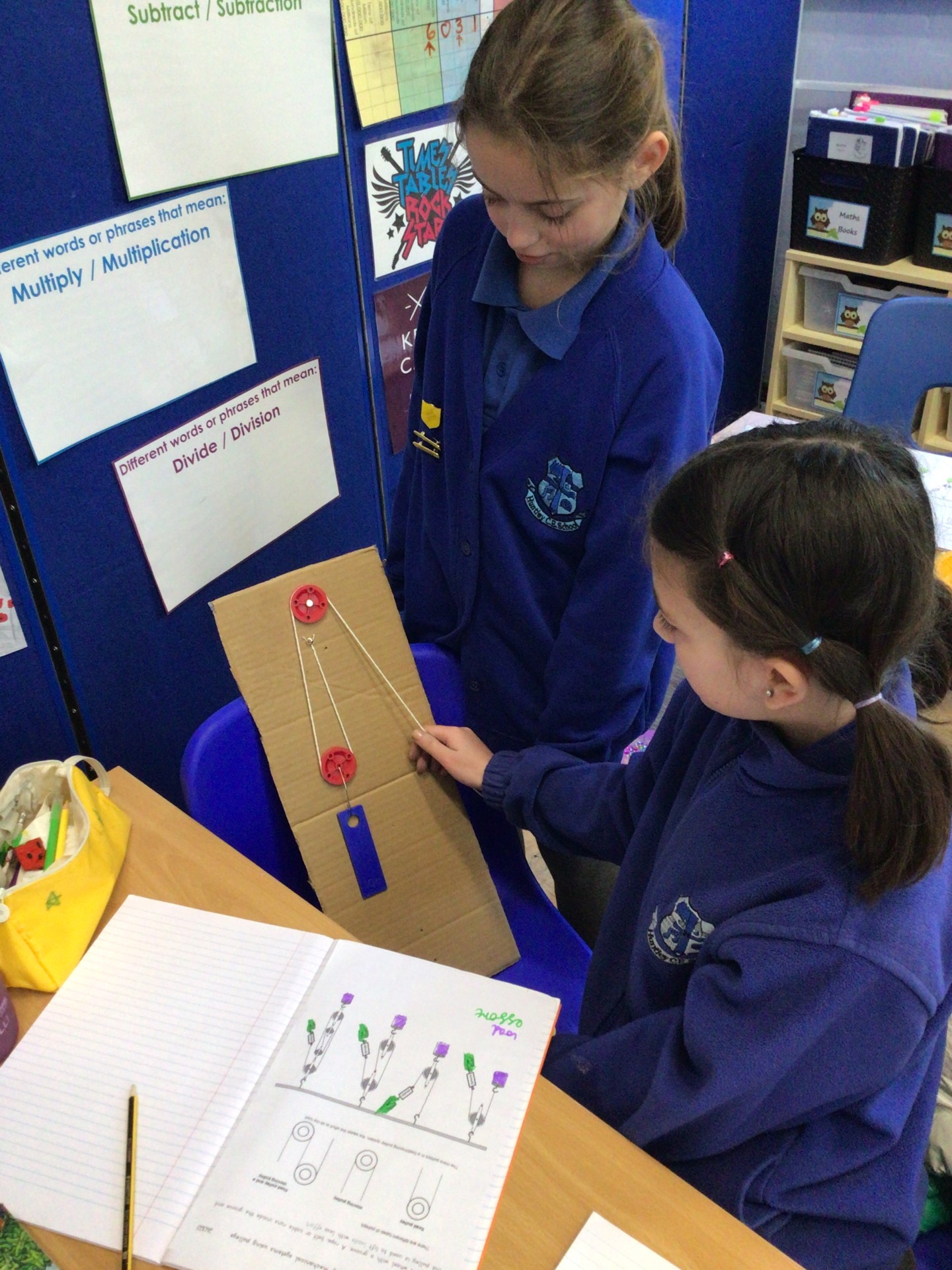 Pupils making pulley systems