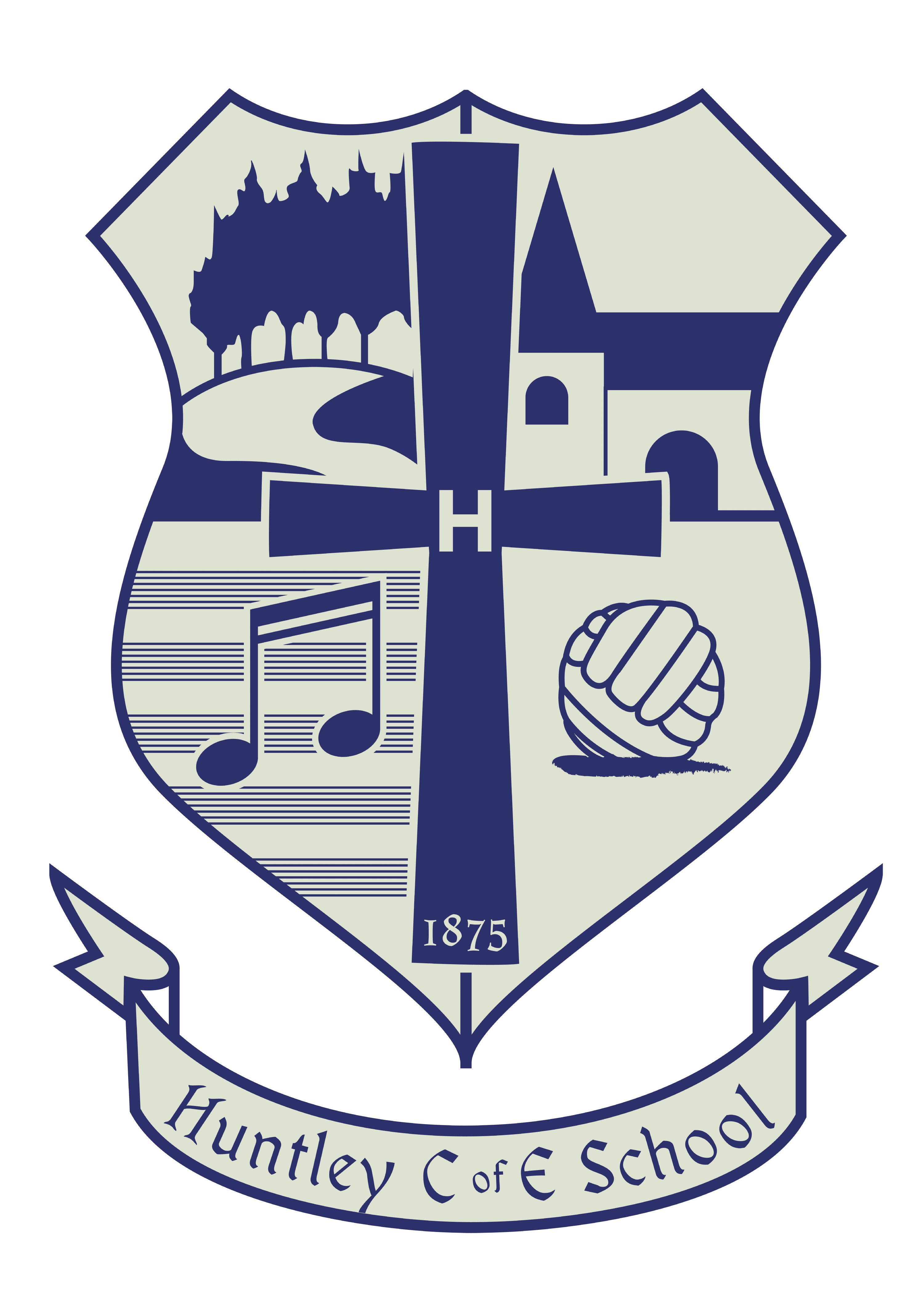 Huntley C of E Primary School Logo designed by a former pupil with a picture of Mayhill, a musical note, the church and a football