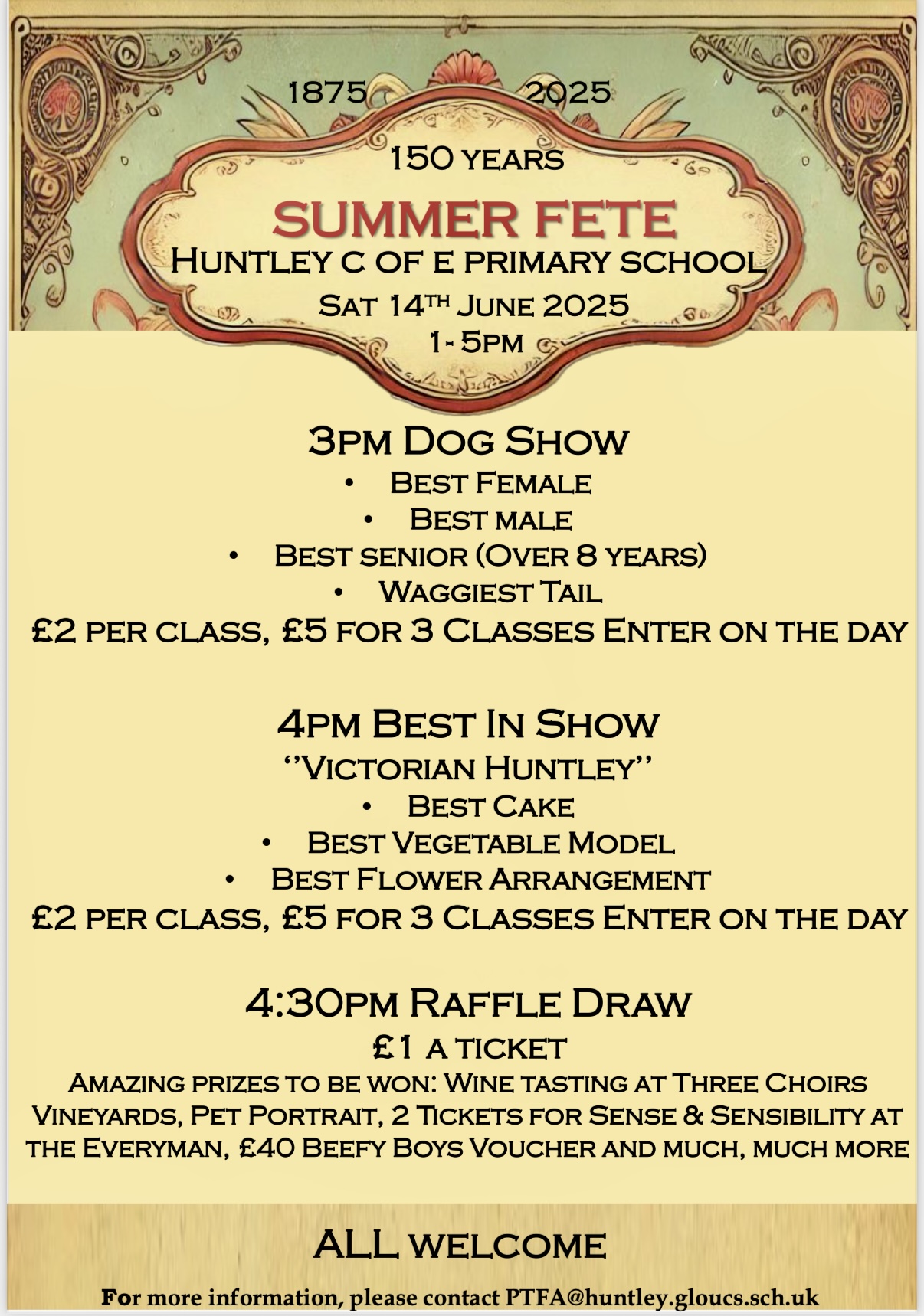Victorian themed poster advertising times for the Dog Show 3pm, Best in Show results 4pm, Raffle draw 4:30pm